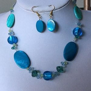Blue turquoise shell and glass bead necklace set